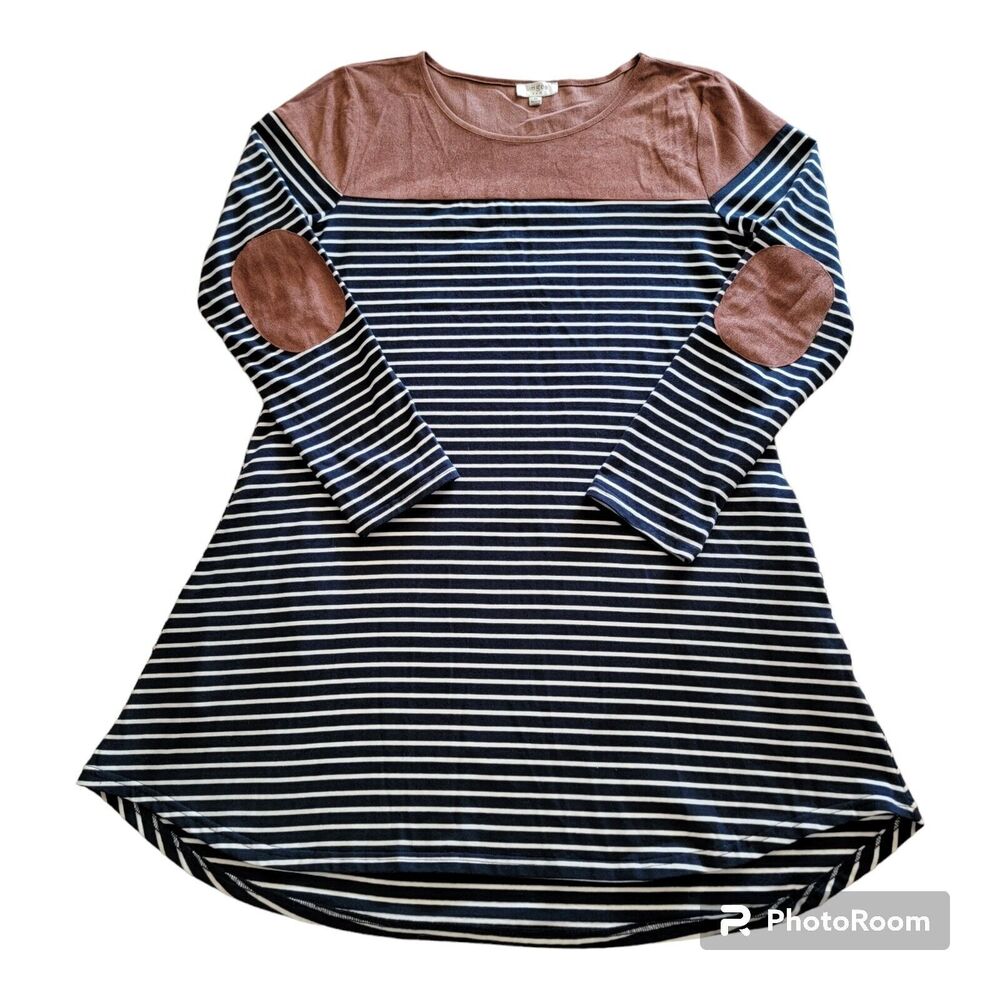 Umgee Women’s M Navy & White Striped Long Sleeve Tunic Dress Pockets Faux Suede